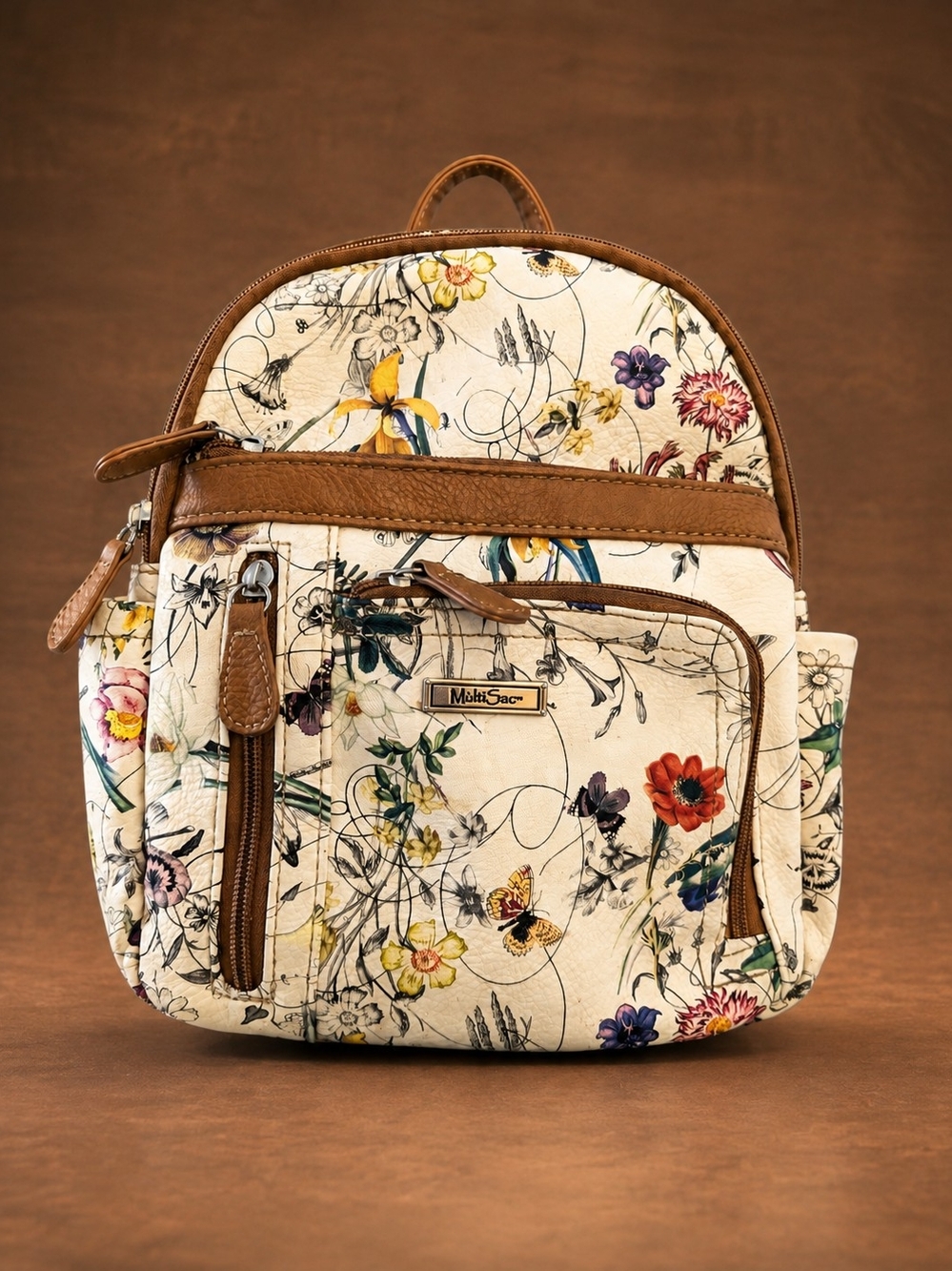 MultiSac Floral Mini Backpack Women’s Ivory Brown Botanical Butterfly Bag